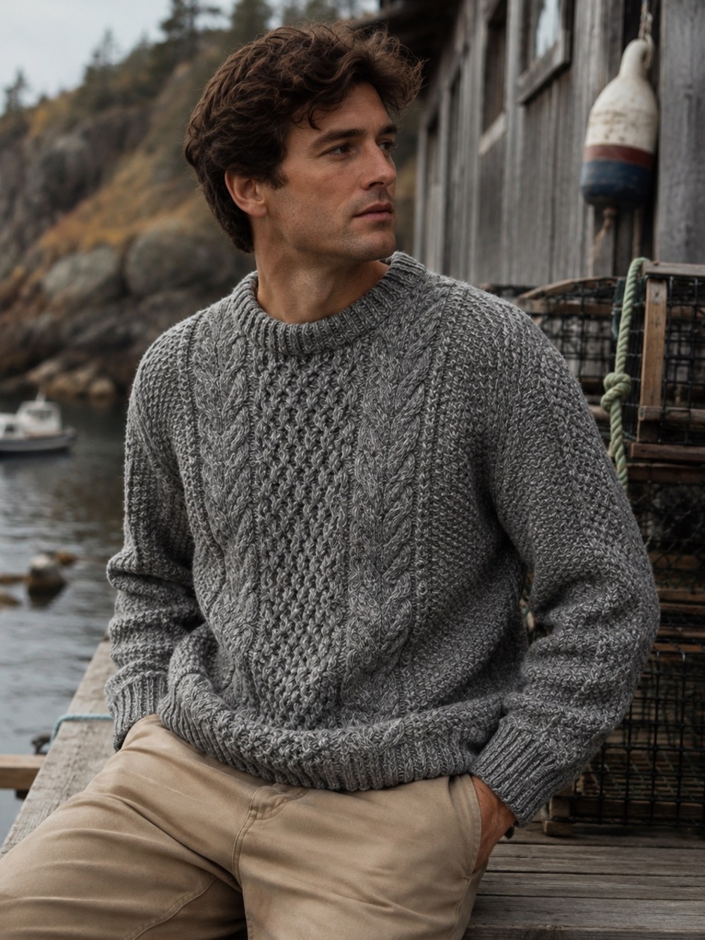 GAP Lambswool Cable Knit Chunky Sweater Heather Grey Men Large Fisherman Cozy